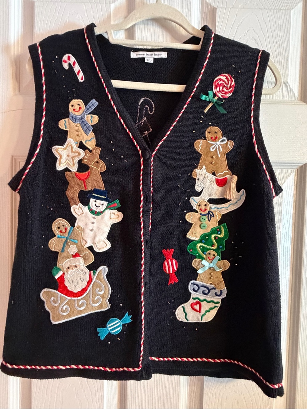 Mercer Street Studio Black Knit V-Neck Button Front Christmas Sweater Vest L